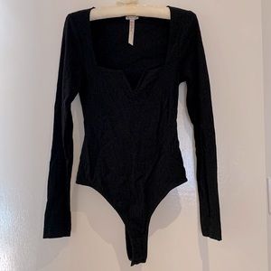 Free people black long sleeve bodysuit with square neck and hardwire detailing